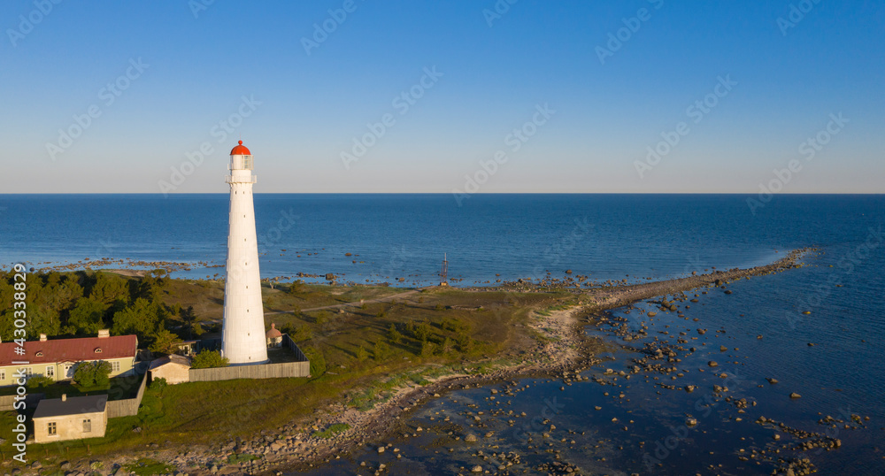 Aerial seascape view to the historic lighthouse on the Tahkuna peninsula, Estonia