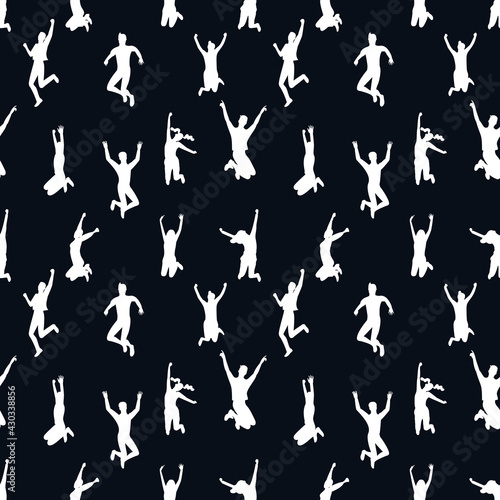 Seamless pattern with black and white silhouettes of crowd of young happy multinational diverse people in jumping poses with hands up.