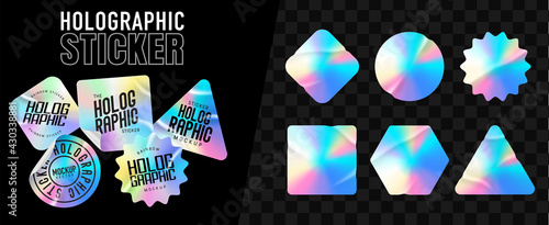 Holographic stickers. Hologram labels of different shapes. Colored blank rainbow shiny emblems, label. Paper Stickers. Vector illustration