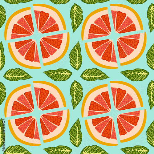 Seamless grapefruit vector background pattern.  Citrus fruit slice and mint leaves on blue. Colorful fabric, wallpaper stock design