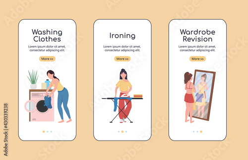 Clothes revision onboarding mobile app screen flat vector template. Spring cleaning. Walkthrough website steps with characters. UX, UI, GUI smartphone cartoon interface, case prints set