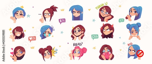 Set of streamer gamer girls expression stickers or badges. Vector illustration