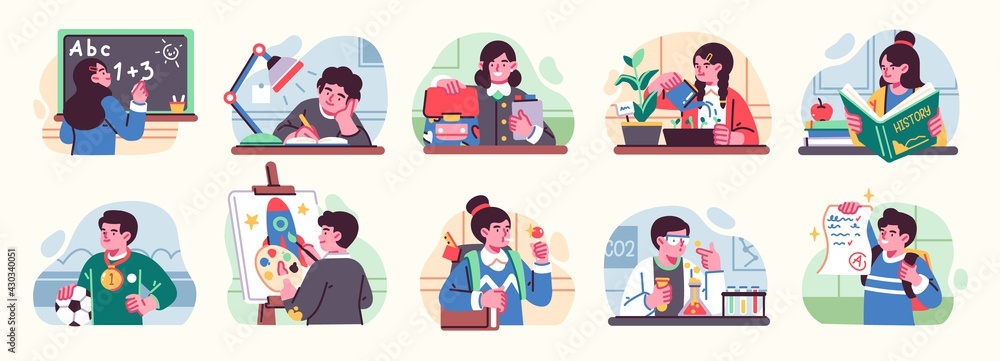 Fototapeta premium Set of Illustrations with cute happy little children at school. Vector flat style