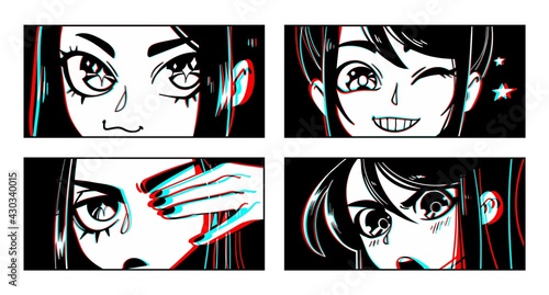 Close up of Asian female Eyes look. Black and white Manga style. Vector illustration of anime characters.
