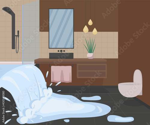 Bathroom flooding with water flat color vector illustration. Broken shower with spilling liquid. Accident at household. Home bath room 2D cartoon interior with leakage from bathtub on background