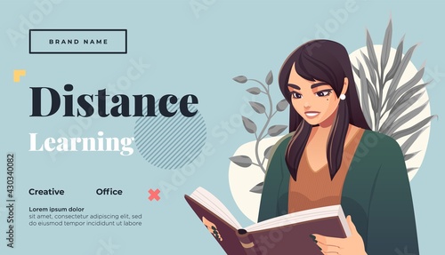 Landing page template for online courses, distance education, Internet studying, training. Yong female teacher having a lesson. Vector illustration