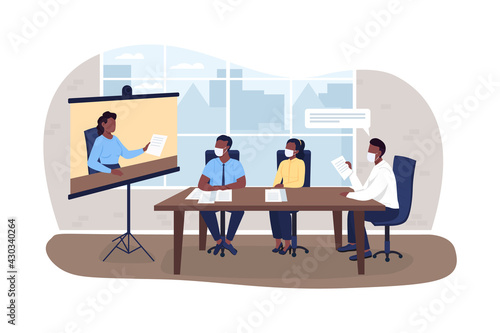 Virtual business meeting during pandemic 2D vector web banner, poster. Professional seminar. Businesspeople flat characters on cartoon background. Office work printable patch, colorful web element