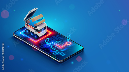 Delivery robot shipping order in a cardboard box. Small Autonomous shipping vehicle of purchase to specified location on map of phone. Robotic delivery online service. Isometric vector concept.