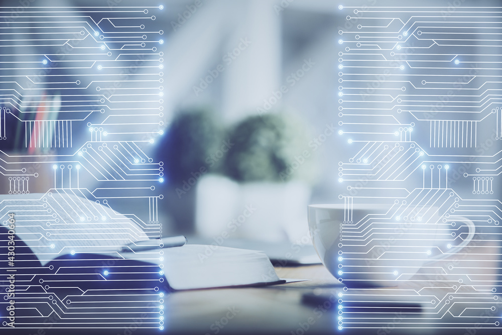 Double exposure of technology theme drawing and desktop with coffee and items on table background. Concept of high tech. Double exposure of technology theme drawing and desktop with coffee and items on table background. Concept of high tech.