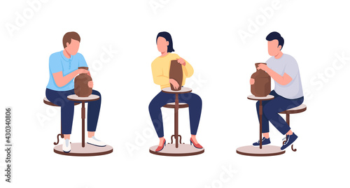 Pottery class adult students flat color vector faceless character set. Workshop on craft. Creative hobby isolated cartoon illustration for web graphic design and animation collection