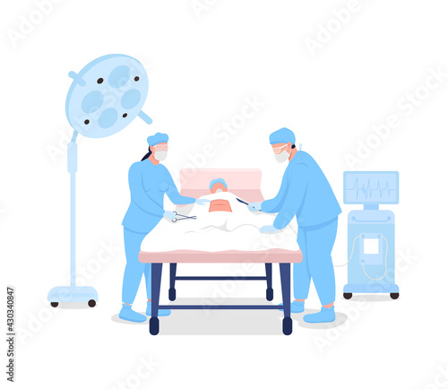 Doctors at surgical procedure flat color vector faceless characters. Hospital aid. Surgeons at operating table. Medical treatment isolated cartoon illustration for web graphic design and animation