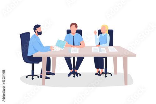 Businesspeople flat color vector faceless characters. Men and woman at professional training on marketing. Business seminar isolated cartoon illustration for web graphic design and animation