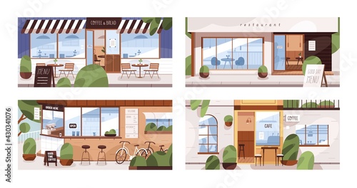 Facades of modern cafes, coffee shops and restaurants with summer terraces and furniture on street. Set of empty city cafeterias. Colored flat vector illustration isolated on white background