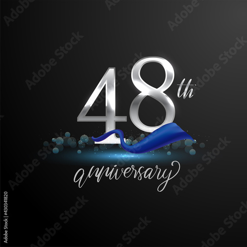 48th silver anniversary logo with blue ribbon isolated on elegant background, sparkle, vector design for greeting card and invitation card.