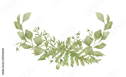 Watercolor green leaves, eucalyptus, fern, branches, summer flora. Floral arrangement, bouquet. Decoration for card, invitation, greeting