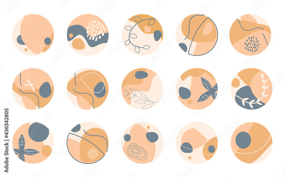 Abstract vector set of 15 round icons emblem in minimal style design templates for social media highlight stories and bloggers - simple trendy pastel beige colors scribble shapes design. 