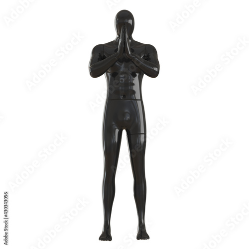 Fototapeta Naklejka Na Ścianę i Meble -  Male black abstract mannequin with folded hands in front of face on white background. 3d rendering