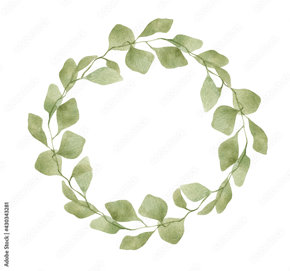 Watercolor wreath with green eucalyptus leaves. Elegant simple nature ornament. Summer decorative frame for wedding invitation, greeting, cards.