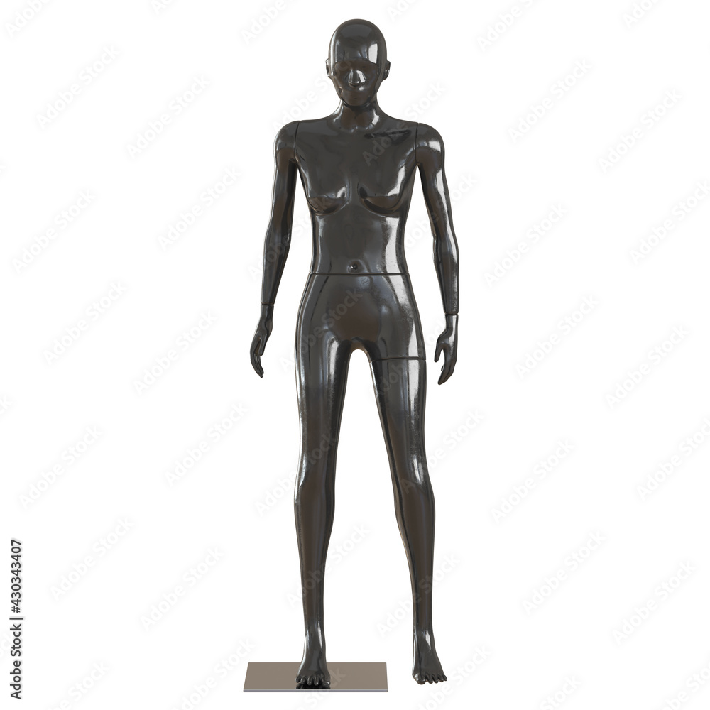 Black female glossy mannequin stands on a white background. Front view. 3d rendering Black female glossy mannequin stands on a white background. Front view. 3d rendering