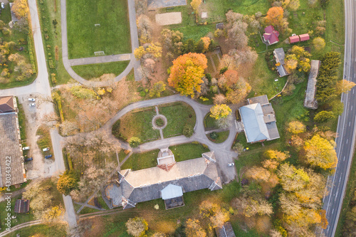 Aerial view of Rudbarzi manor in autumn day, Latvia. photo