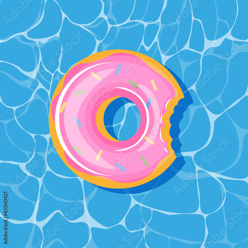 Pool infantable pink donut mattress place on water texture. Summer beach element vector illustration in a cartoon flat style isolated on white background.