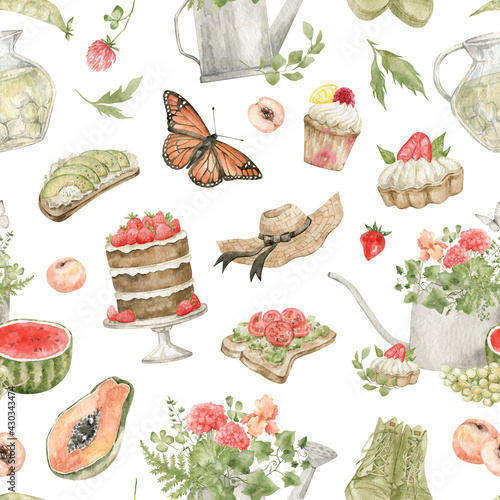 Watercolor seamless pattern with summer elements. Strawberry cake, butterfly, watering can, cupcake, hat, bouquet, sandwich, snickers, lemonade, geranium flowers, leaves, greenery