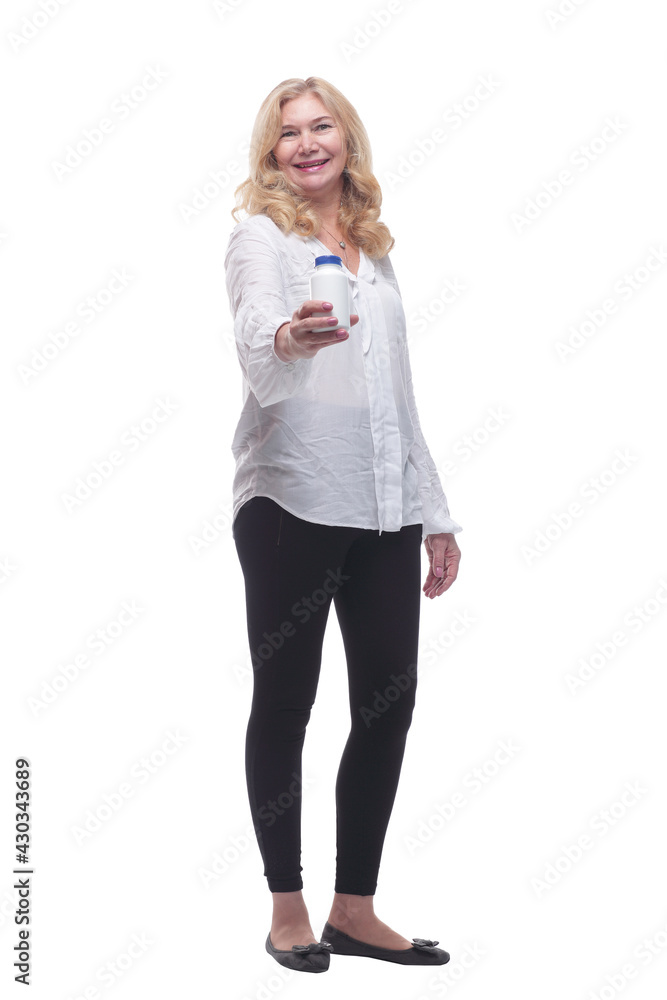 smiling woman holds a bottle of antiseptic . smiling woman holds a bottle of antiseptic .