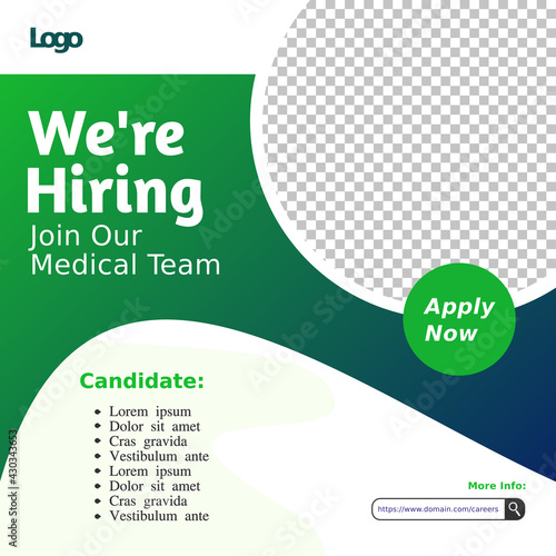 Creative social media post feed design. We are hiring medical team or staff, banner, poster, announcement job for hospital