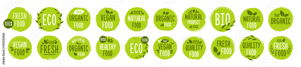 Set of Vegan, Eco, Bio, Organic, Fresh, Healthy, 100 percent, natural food. Natural product. Collection of 30 emblem, cafe, logos, badges, tags, label, tag, packaging. Vector illustration.