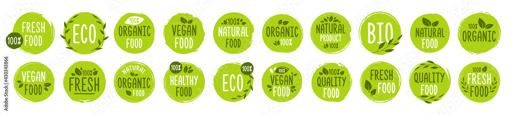Set of Vegan, Eco, Bio, Organic, Fresh, Healthy, 100 percent, natural food. Natural product. Collection of 30 emblem, cafe, logos, badges, tags, label, tag, packaging. Vector illustration. Set of Vegan, Eco, Bio, Organic, Fresh, Healthy, 100 percent, natural food. Natural product. Collection of 30 emblem, cafe, logos, badges, tags, label, tag, packaging. Vector illustration.