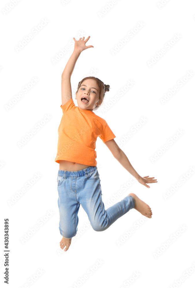Cute little girl jumping on white background Cute little girl jumping on white background