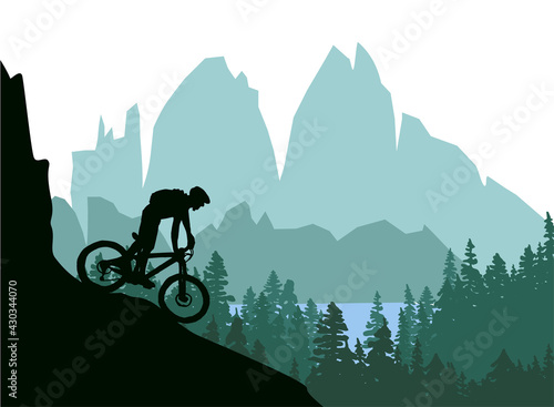 Silhouette of mountain bike rider in wild nature landscape. Mountains, forest and lake in background. Green illustration.