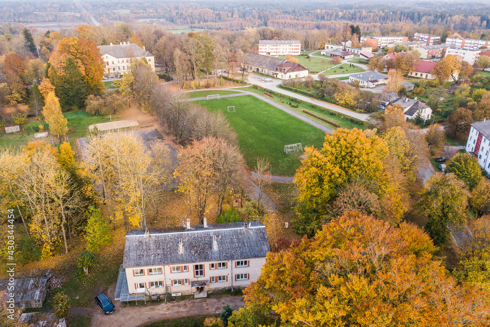 Aerial view of Rudbarzi village in autumn day, Latvia.