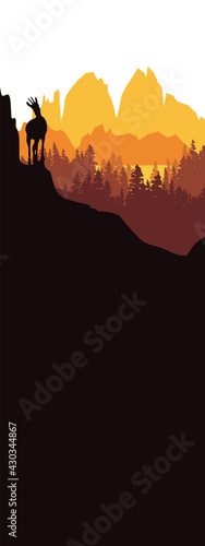 Vertical banner of mountain goat posing on the top of the hill with mountains and the forest in background. Silhouette with orange and brown background, illustration. Bookmark. Text insert.