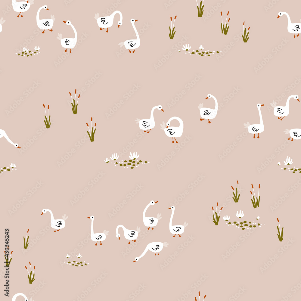 Obraz premium Geese seamless pattern. White Goose in different poses on the pond. Cute vector illustration in simple hand drawn cartoon style. Simple childish cartoon style perfect for textiles, baby shower