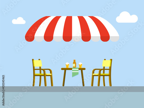 Street cafe patio flat vector illustration. Wooden table and chairs on sidewalk. Outdoor cafe seating.