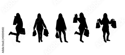 Set of silhouettes of shopping woman with bags. Black color. Variuos poses. Thick figure. Vector illustration.