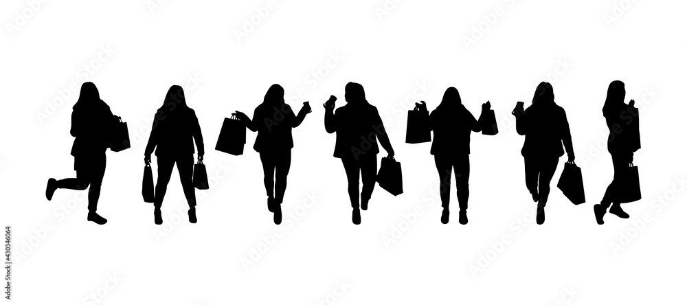 Set of silhouettes of shopping woman with bags. Black color. Variuos poses. Thick figure. Vector illustration.