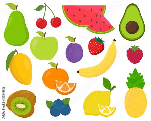 Set cartoon fruits and berries vector illustration isolated on white background.  Pear, cherry, watermelon, avocado, apple, plum, strawberry, banana, raspberry, orange, mango, kiwi, pineapple, lemon.