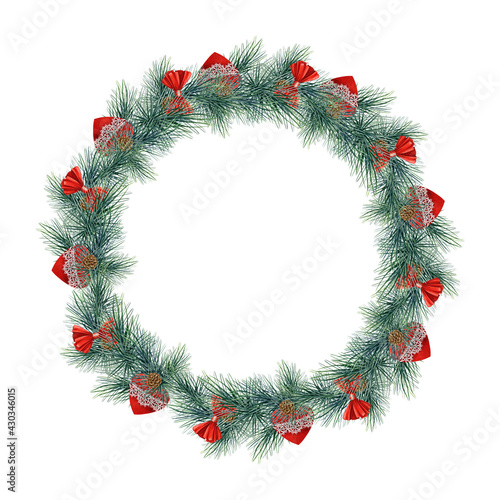 Winter festive wreath. Round pine tree seasonal decoration with red ribbon, cones. Watercolor illustration. Christmas evergreen fir tree wreath. Winter green christmas decor element. White background