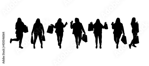 Set of silhouettes of shopping woman with bags. Black color. Variuos poses. Thick figure. Vector illustration.