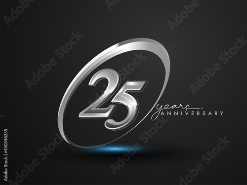 25 Years Anniversary Celebration. Anniversary logo with ring and elegance silver color isolated on black background, vector design for celebration, invitation card, and greeting card