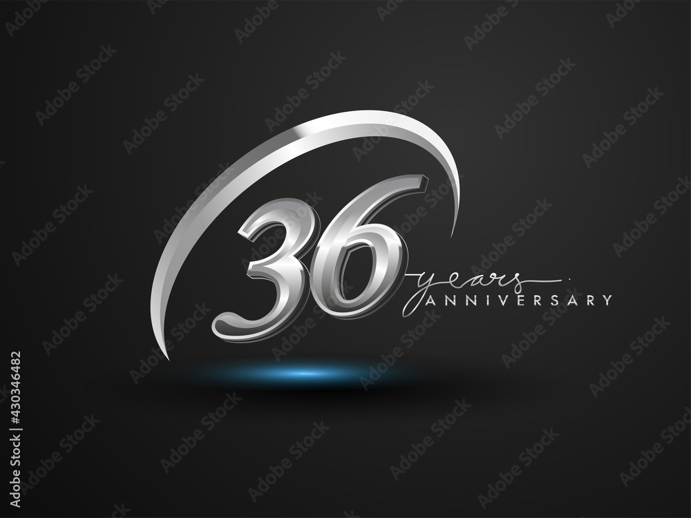 36 Years Anniversary Celebration. Anniversary logo with ring and elegance silver color isolated on black background, vector design for celebration, invitation card, and greeting card