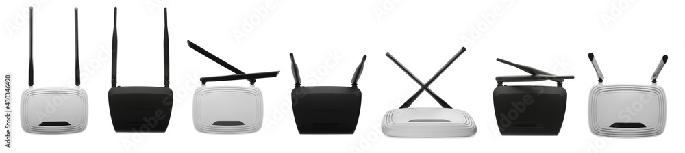 Fototapeta premium Set with modern Wi-Fi routers on white background. Banner design