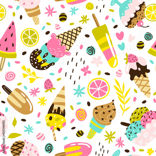 Ice cream seamless pattern. Trendy modern vector hand-drawn illustrations of frozen sweets in different form with candies chocolate and fruits. Childish summer theme. Scandinavian naive cartoon style.