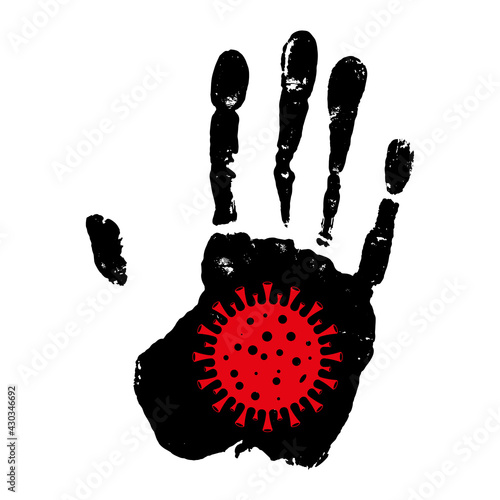 Stop the crown virus. Hand concept with virus symbol. Stop sign and symbol Covid-19. Isolated on white background. Flat style. Vector