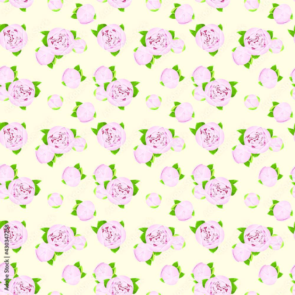 Delicate seamless pattern with pink peonies on a yellow background. Flowers
