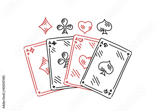 Four aces. Four of a kind. Poker quads. Good luck in the game. Playing cards. Hand drawn sketch line.