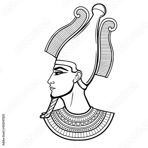 Animation portrait Egyptian man n the crown. God Osiris. Profile view. Vector illustration isolated on a white background. Print, poster, t-shirt, tattoo.
