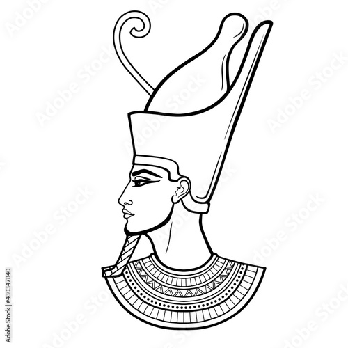 Animation portrait Egyptian man in the crown and necklace. Profile view. Vector illustration isolated on a white background. Print, poster, t-shirt, tattoo.